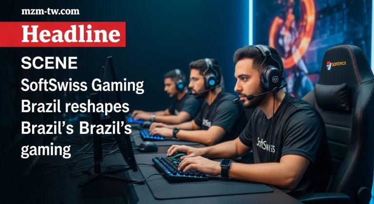 Brazilian gamer in a tech-forward gaming hub with SoftSwiss branding and regulatory-themed visuals.