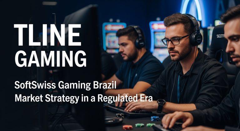 SoftSwiss branding over Brazil gaming market context with regulatory symbols