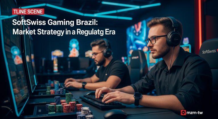 SoftSwiss branding over Brazil gaming market context with regulatory symbols