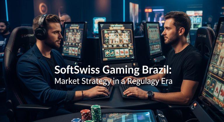SoftSwiss branding over Brazil gaming market context with regulatory symbols