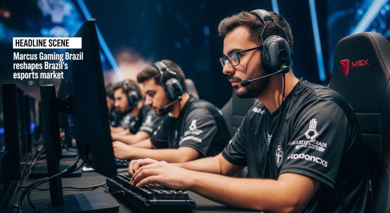 Esports arena in Brazil featuring marcus Gaming Brazil branding and engaged spectators
