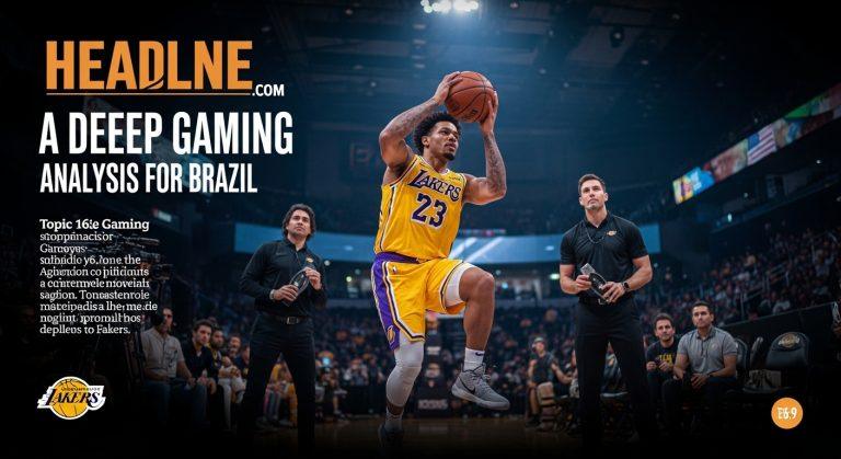 Brazilian gamer watching Lakers game on a multi-monitor setup in a neon-lit room.