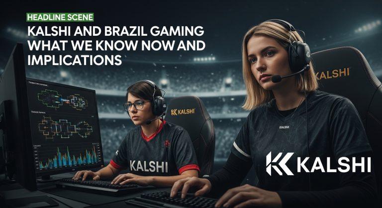 Kalshi branding over Brazilian gaming scene with brackets and market charts