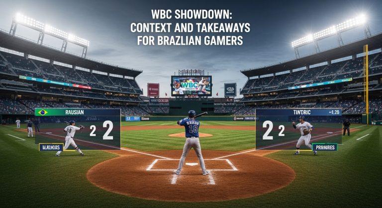 Stadium crowd with scoreboard showing 2-2 in a World Baseball Classic final moment.